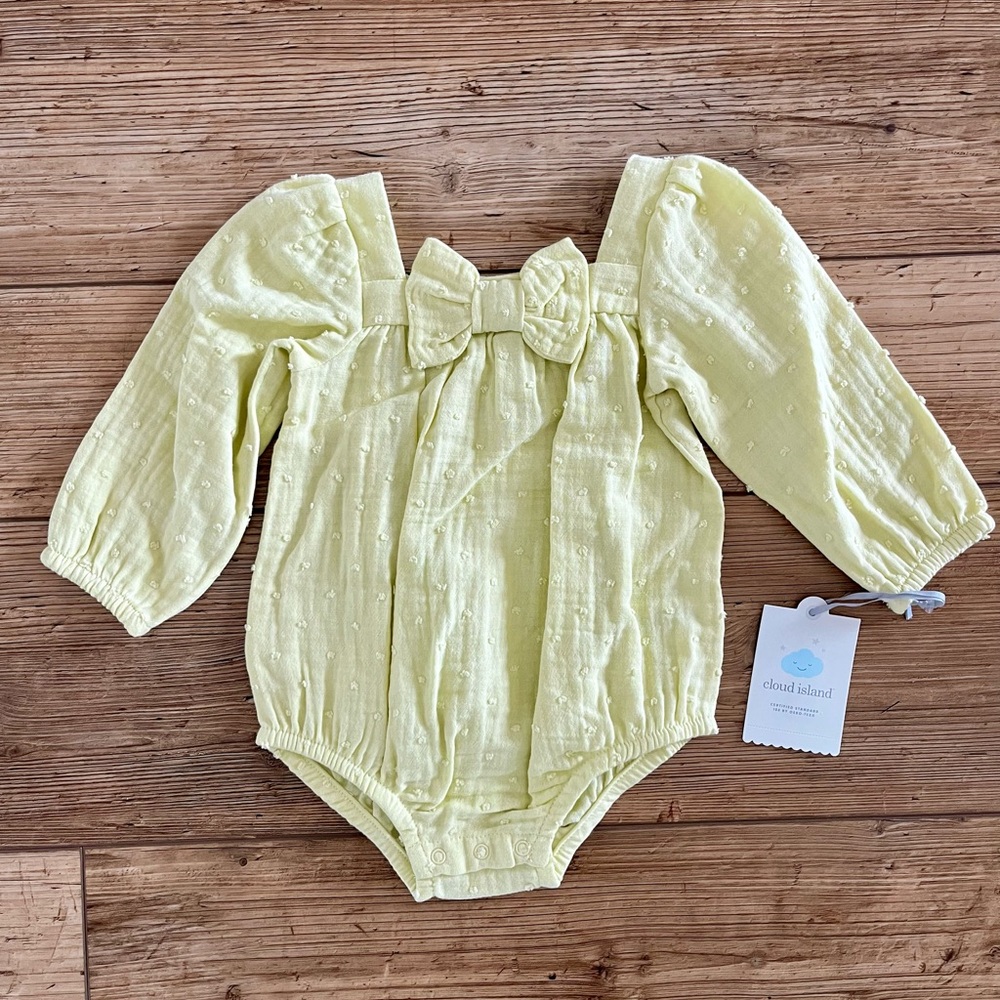 cloud island Pale Yellow Puff Sleeve Baby Romper with Front Bow